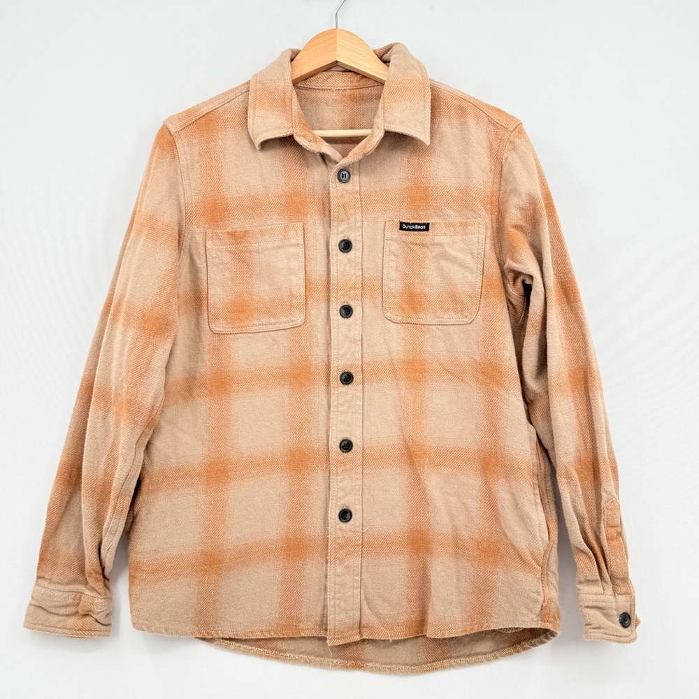 Dutch Bros Flannel Shirt Mens Small Tan Orange Plaid Gorpcore Workwear Utility